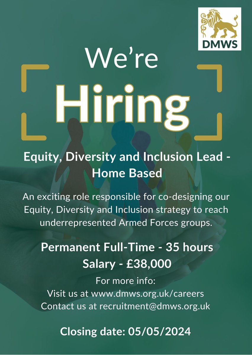 Job Vacancy: Equity, Diversity and Inclusion Lead We are looking for someone with a passion for EDI to help ensure underrepresented Armed Forces groups get the welfare support they need. If this may be you, please apply at dmws.org.uk/careers/equity… #supportingthefrontline