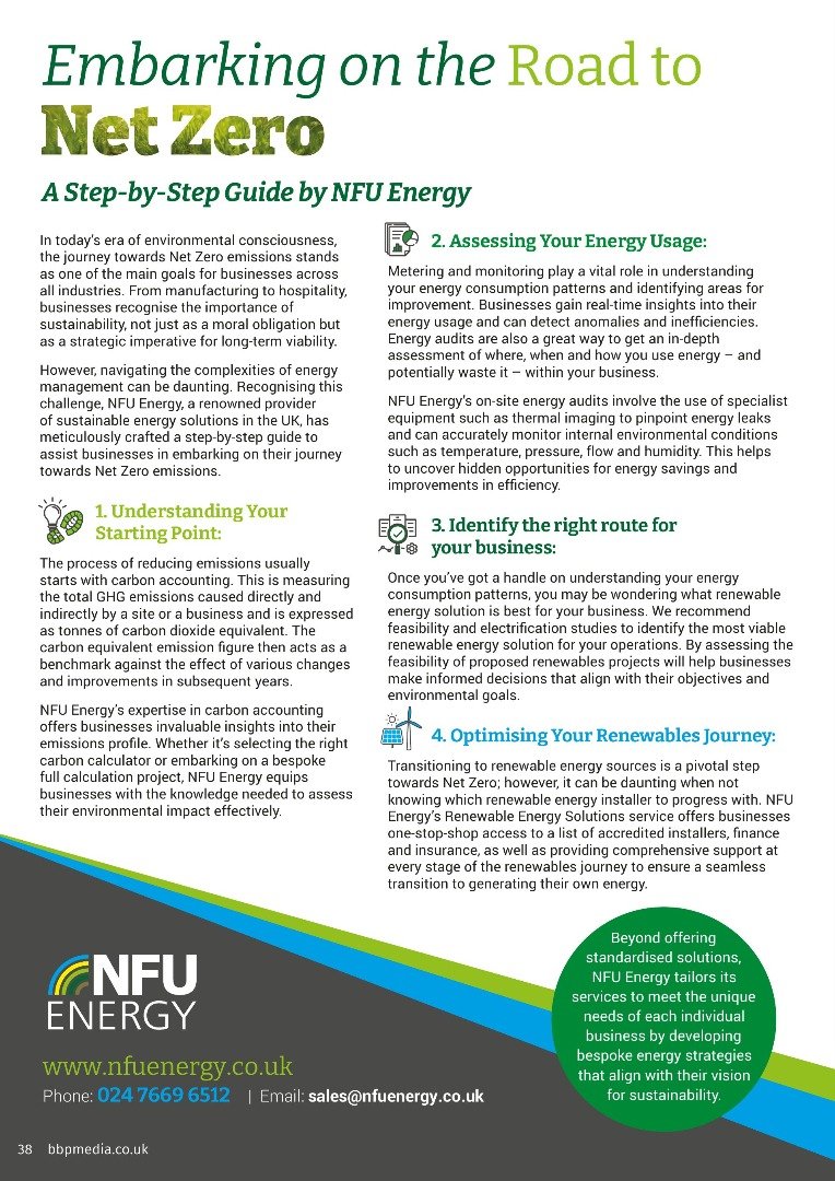 NFU Energy is thrilled to be featured in The Business Post Magazine with an easy-to-follow guide on achieving Net Zero emissions. 🌱 Take a look at our article below or click here to explore the full magazine: The Business Post Midlands Edition 110 (bbpmedia.co.uk)