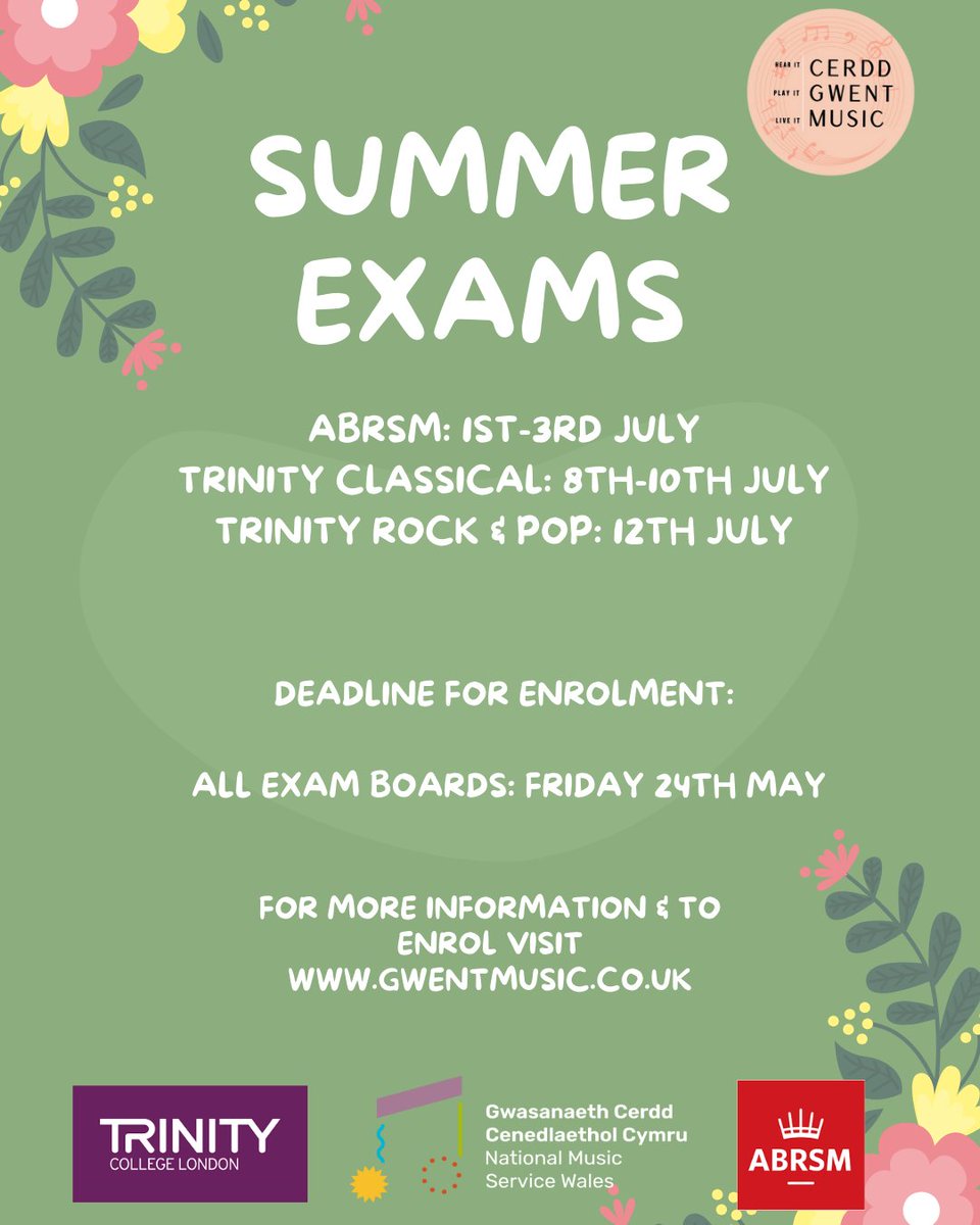 Enrolment for summer examinations is now open! Closing date for all exam boards is Friday 24th May. Exams dates as follows: ABRSM: 1st -3rd July Trinity Classical: 8th-10th July Trinity Rock and Pop: 12th July To sign up please follow the link below: gwent.paritor.com/enrol/Catalog/…