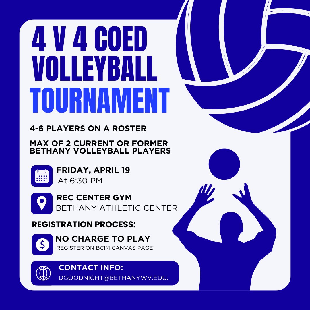 intramurals_bc's tweet image. Intramural volleyball tournament this Friday! Sign up on the bcim canvas page or email dgoodnight@bethanywv.edu @Bethany_Bison @BCpe_sprtStdies @BethanySAC
