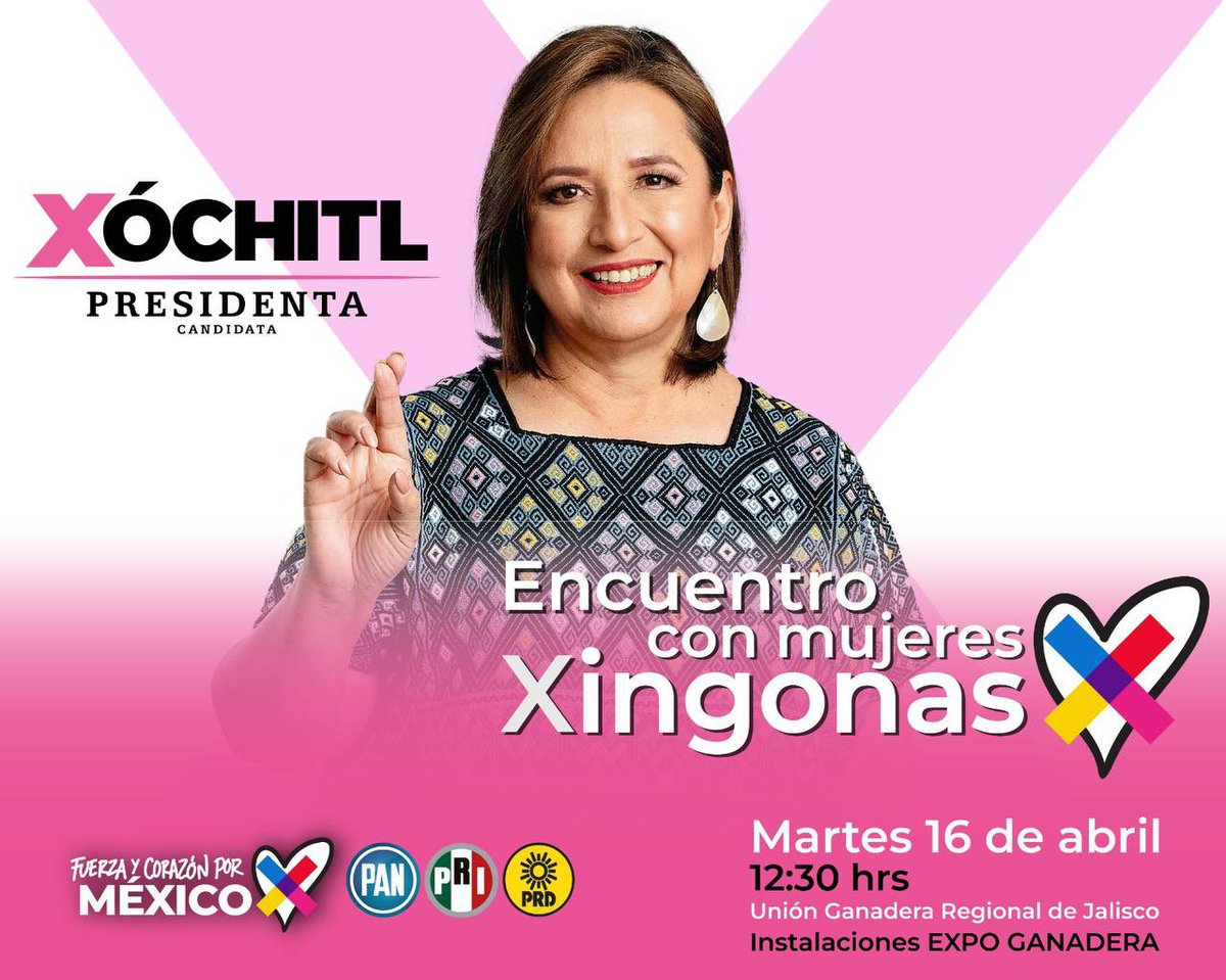 Para Guadalajara #LlegóLaHora del cambio, hoy nuestra futura presidenta de México, @XochitlGalvez, se reunirá con mujeres xingonas, como tú y como yo. ¡Allá nos vemos! 🩷❌🫶🏼 #DianaGonzález #DianaGDL #VoyXGDL #CambiemosGDL #corazónyfuerza #LlegóLaHora #GDLsinmiedo