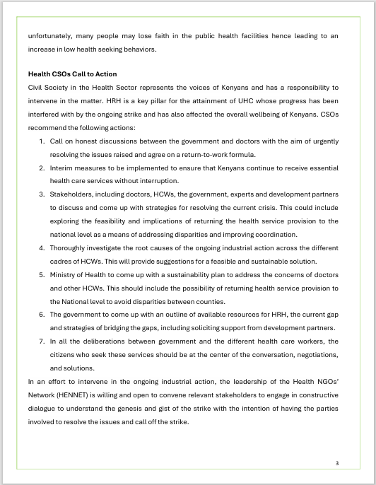 "Hennet is calling for an amicable solution to the ongoing Doctors strike in Kenya. Let's prioritize the well-being of our citizens and safeguard their basic right to access healthcare. The time for resolution is now. #DoctorsStrike #HealthcareForAll 🏥✊"