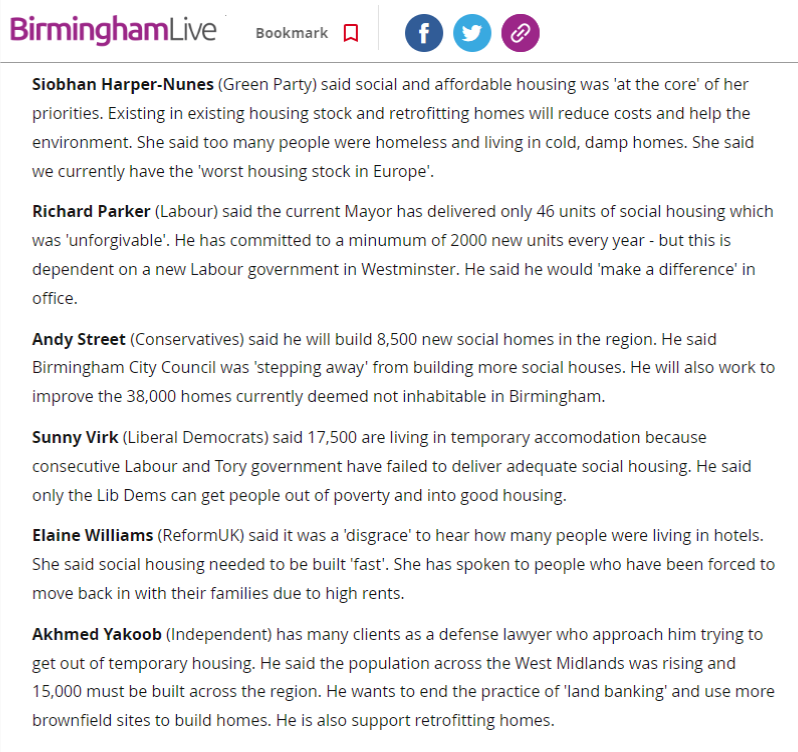 We've been watching the @birmingham_live Mayoral Hustings event this afternoon. Karen from @BHAMFHC asked a great question about Birmingham's Housing Emergency and the need for social housing - here's how the candidates responded when asked how many houses they would build: