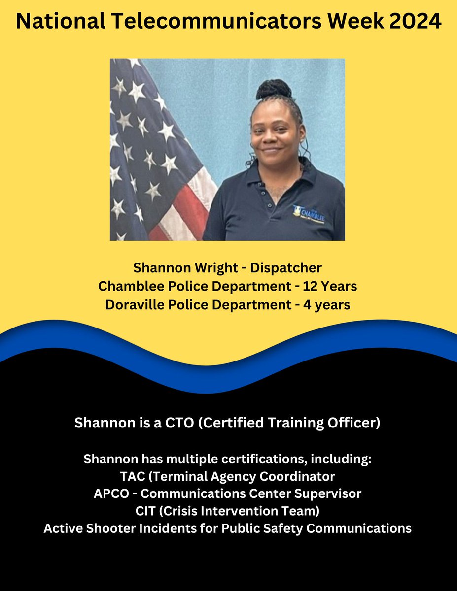 Get to know our Chamblee Dispatchers! Today, we're highlighting Gudrun Hughes and Shannon Wright. #NationalPublicSafetyTelecommunicatorsWeek