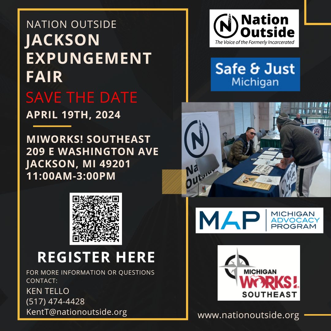 Registration is open for our expungement fair in Jackson with @NationOutside, @safeandjustmi, and @MichWorksSE this Friday, 4/19. Volunteer attorneys are still needed! Click the link below to volunteer: ow.ly/AzrR50RhfOq