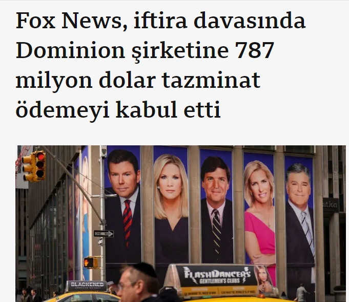 Bakınız dezenformasyon yasası böyle olur!

ABD'de FOX News 'seçimlerde hile var' diyerek haber yaptı

oy kullanma sistemini üreten Dominion şirketi 1.5 milyar $ tazminat davası açtı

FOX 787 milyon dolar tazminat ödemeyi kabul etti.

Bizim sosyal-görsel medya yalan dolu. Cezası