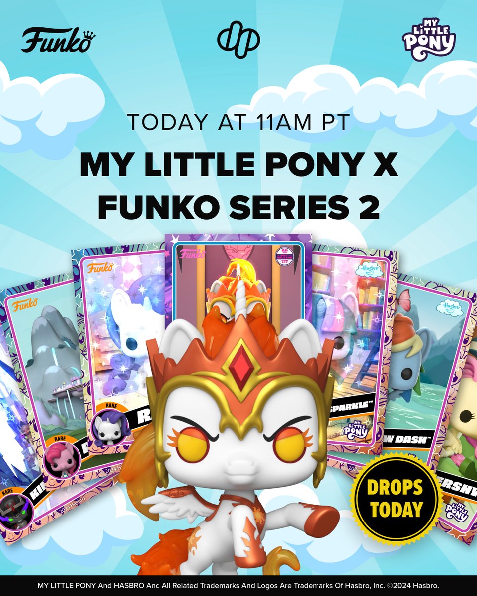 Who’s ready?! My Little Pony x Funko Digital Pop! Series 2 drops today at 11 am PT. Make sure you’re logged into your account on ow.ly/53V250RhfOu and ready to join the queue early! ow.ly/1VvR50RhfOv @OriginalFunko #Funko #DigitalPop #Droppp #MyLittlePony