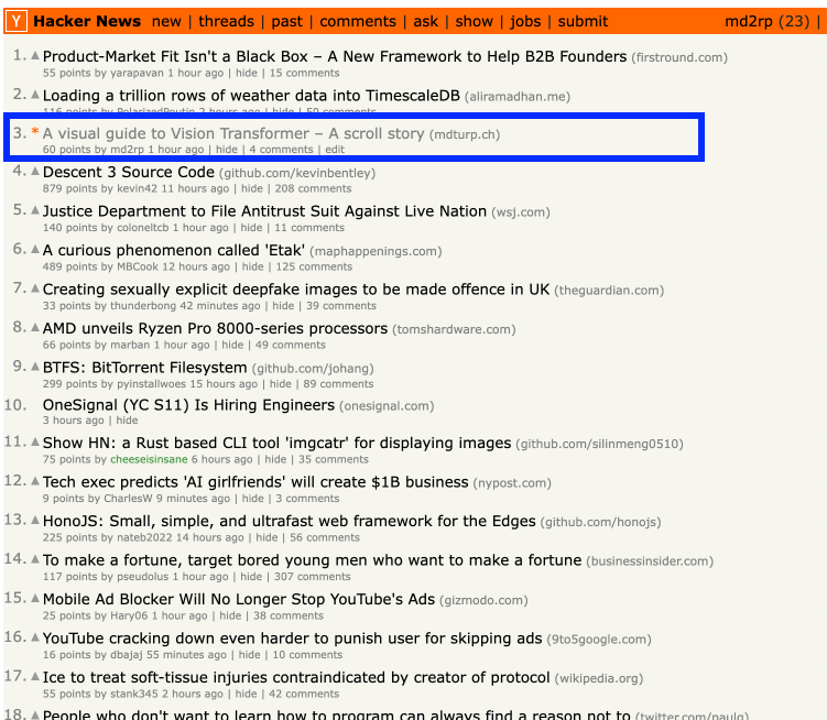 In case you missed it my blogpost: 'A Visual Guide to Vision Transformers'
Is currently trending on Hacker News! 🚀

Blogpost: blog.mdturp.ch/posts/2024-04-…

HackerNews: news.ycombinator.com