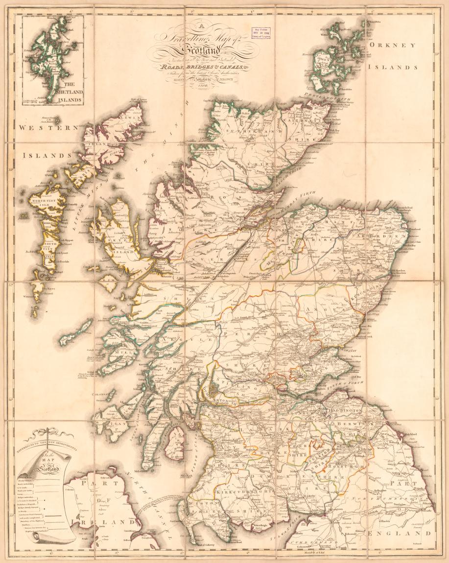 Explore Scotland with this 'travelling map of Scotland' published in 1806. Both existing and planned roads are shown, so make sure to check for the latest updates! Zoom in here: loc.gov/resource/g5771…