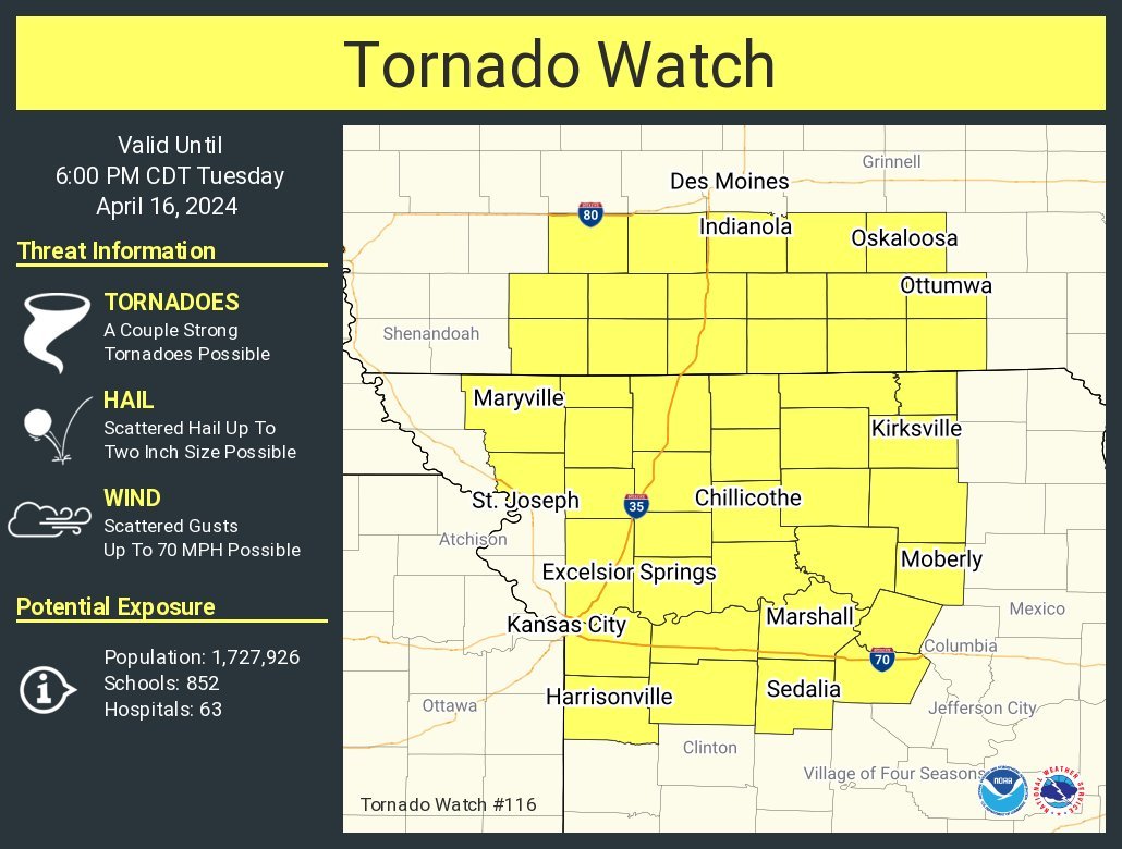 #TornadoWatch for NW #Missouri and S #Iowa esp areasS of #DesMoines, #StJosephMO, #KansasCity, #IndependenceMO, #LeeSummit cities
#Wxtwitter #SevereWX #SPC #Tornado #Hail #Wind #Wxx #KSwx #IAwx #TornadoAlley #KCwx