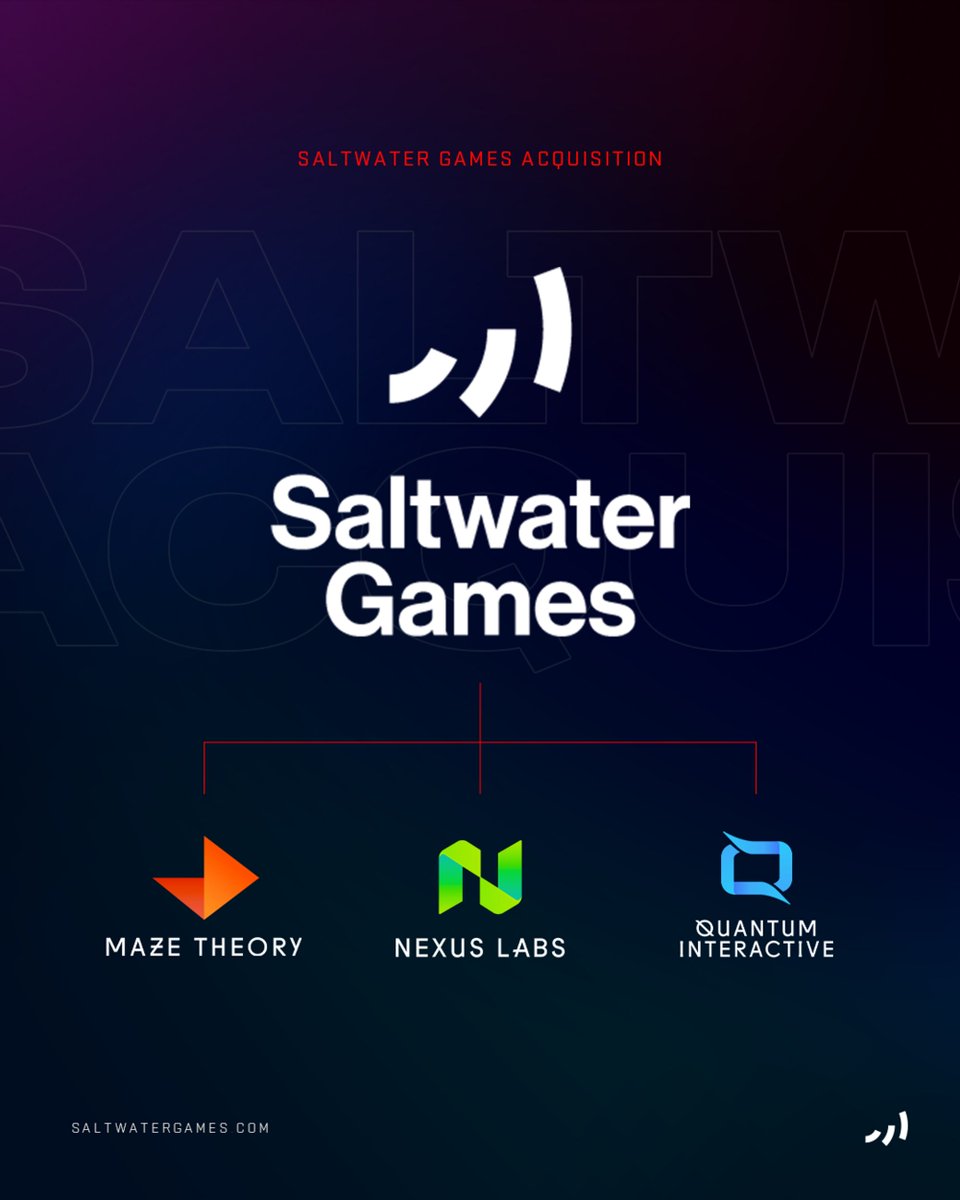 Saltwater Games has acquired @Maze_Theory, Nexus Labs, and Quantum Interactive, merging us into a new multi-studio group. This acquisition advances our goal of redefining gaming with immersive tech, uniting @Maze_Theory (VR/XR), Nexus Labs (Web3/Community Gaming), and Quantum…