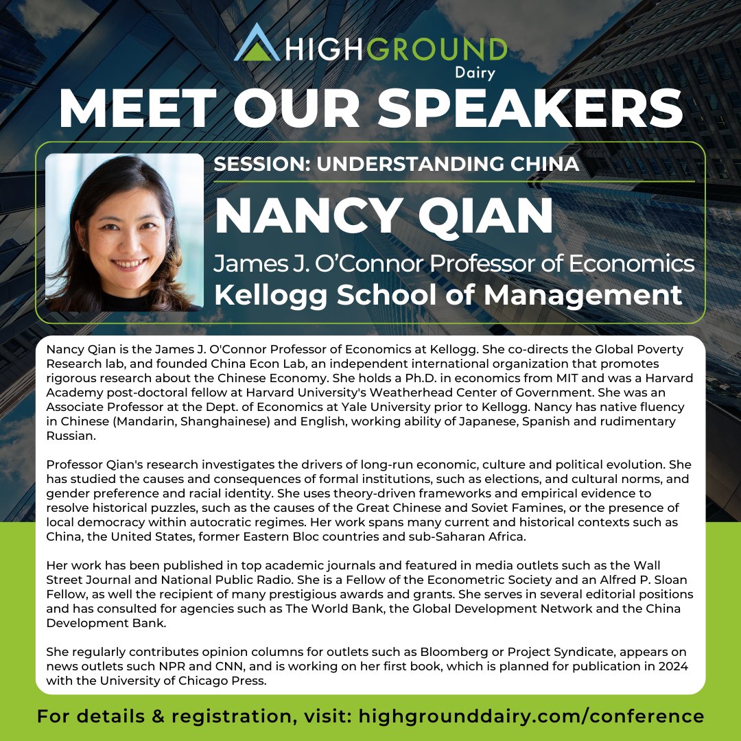 We are thrilled to announce that Nancy Qian, Professor of Economics at Kellogg School of Management, will be speaking at our Global Dairy Outlook Conference in Chicago this June, joining our Understanding China Panel! 🔗 For details & registration, visit: hubs.ly/Q02t0RrP0