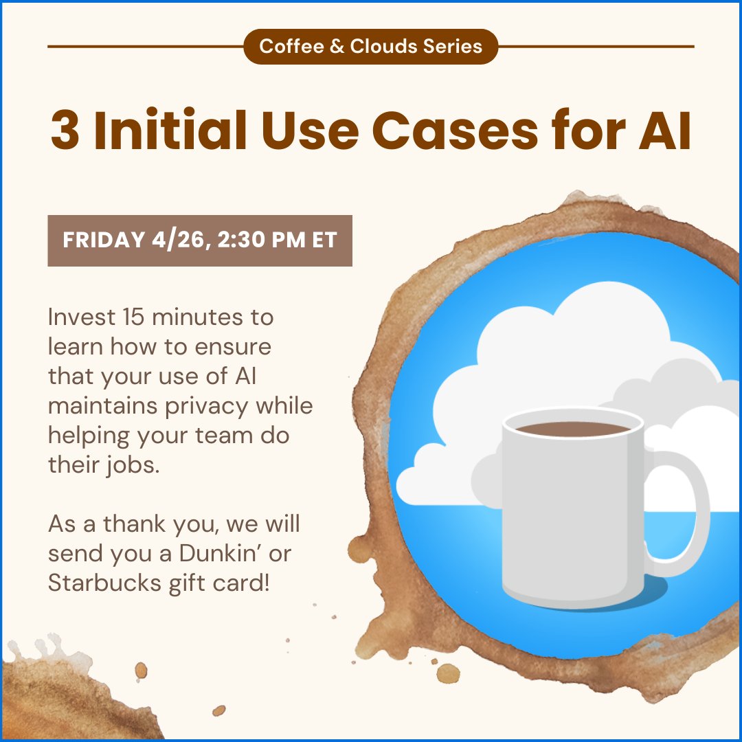 Enter AI with use cases that work and are secure. Sign up for our April Coffee & Clouds online event. bit.ly/3vL97NV 

#SMB #Security #ManagedSecurity #ManagedCloudServices #Cybersecurity