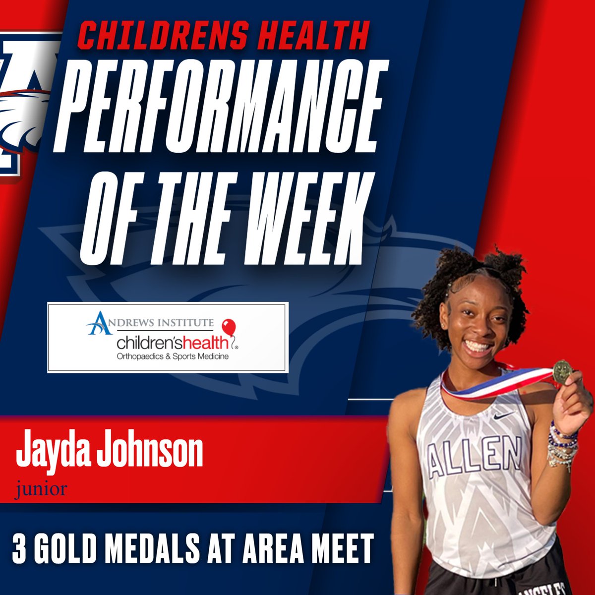 Our Children’s Health Performer of the Week for last week was 
<a href="/AllenGirlsTrack/">Lady Eagles Track</a> junior Jayda Johnson! She was dominate at the Area Track meet winning 3 Gold Medals! <a href="/childrens/">Children's Health</a> <a href="/Allen_ISD/">Allen ISD</a>