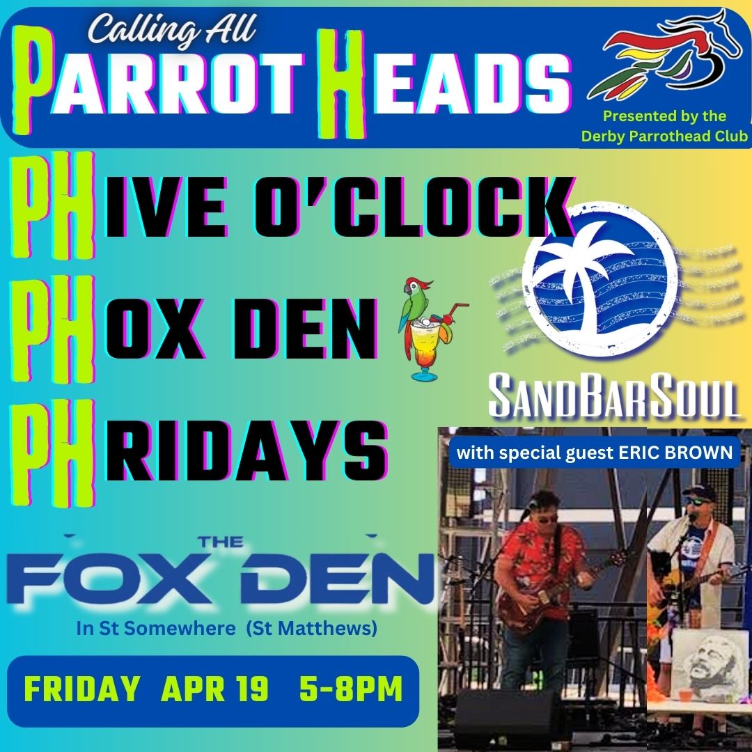 FRI APR 19 happy hour in Louisville: SandBarSoul w/ special guest Eric Brown. Island-vibe tunes from #jimmybuffett #kennychesney #zacbrownband #bobmarley #eagles #jackjohnson & more! #parrotheads #noshoesnation #zbbzamily #onelove @ParrotHeadsinp @Do502 @leoweekly @TullyMars414
