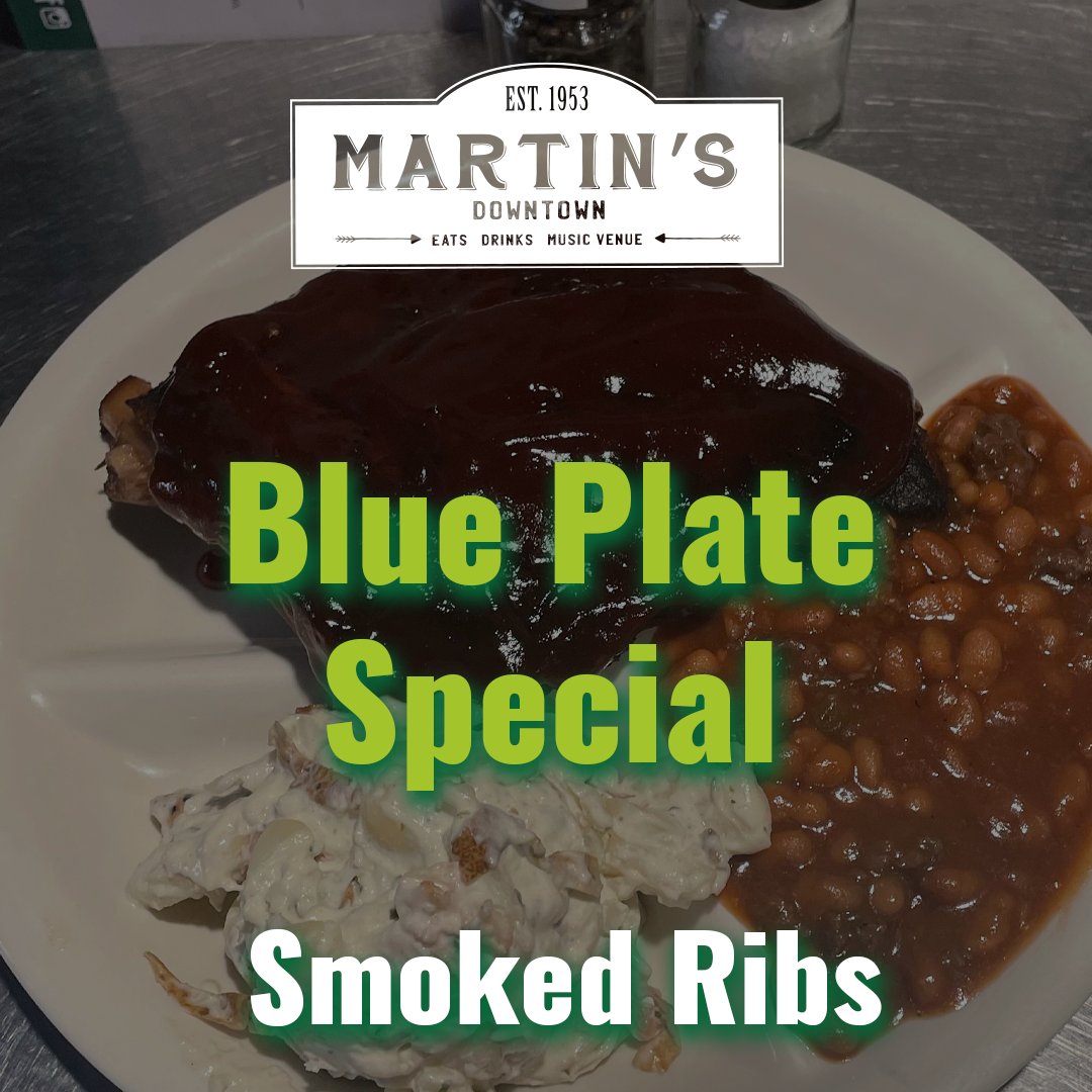 Hey you! Now that I have your attention… the blue plate special of the day is smoked ribs! One meat and two sides, or three. The choice is yours! #BluePlate #MartinsDowntownJxn #SmokedRibs #Lunch