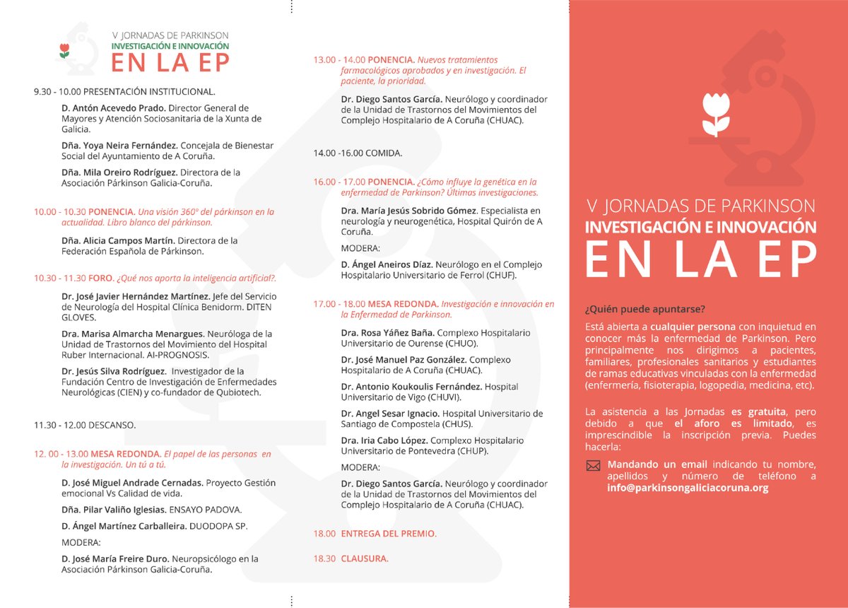 @DitenR @aiprognosis @Fund_CIEN @qubio 🌷🔬V Jornadas de Párkinson | #InvestigaciónEInnovaciónEP 📍 @FundacionBarrie 📅 19 de abril 🎫 ¡Últimas plazas disponibles! 👉 Inscríbete llamándonos al 📞981 241 100 o enviándonos un mail a 📩info@parkinsongaliciacoruna.org