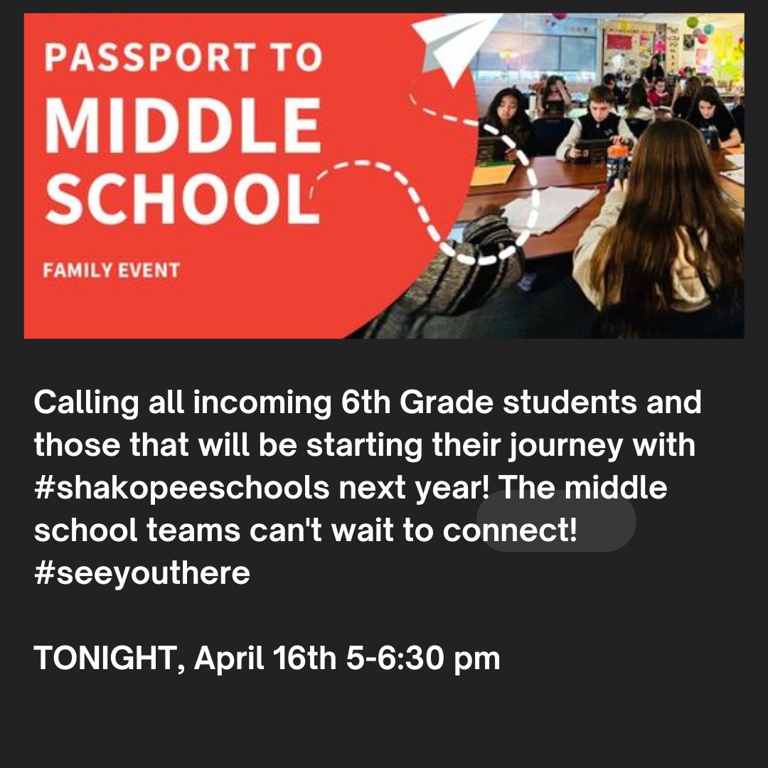 Calling all incoming 6th Grade students and those that will be starting their journey with #shakopeeschools next year! The middle school teams can't wait to connect!  #seeyouthere