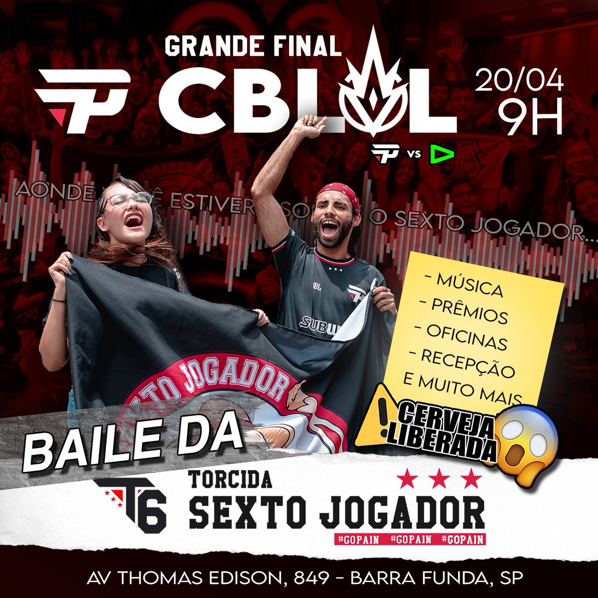 SextoJogador's tweet photo. 🚨VAMO DEIXAR AQUELA RECEPÇÃO MAIS FOD# PRA ESSA FINAL!

Convidamos VOCÊ 🫵🏻 pro 𝐁𝐀𝐈𝐋𝐄 𝐃𝐀 𝐓𝟔 pra fazer aquele esquenta pra hypar ainda mais a nossa paiN! Em seguida, vamos receber os jogadores junto com as outras organizadas! QUEM COLA COM A GENTE? #GOpaiN #CBLOL https://t.co/FJWNTAiINo