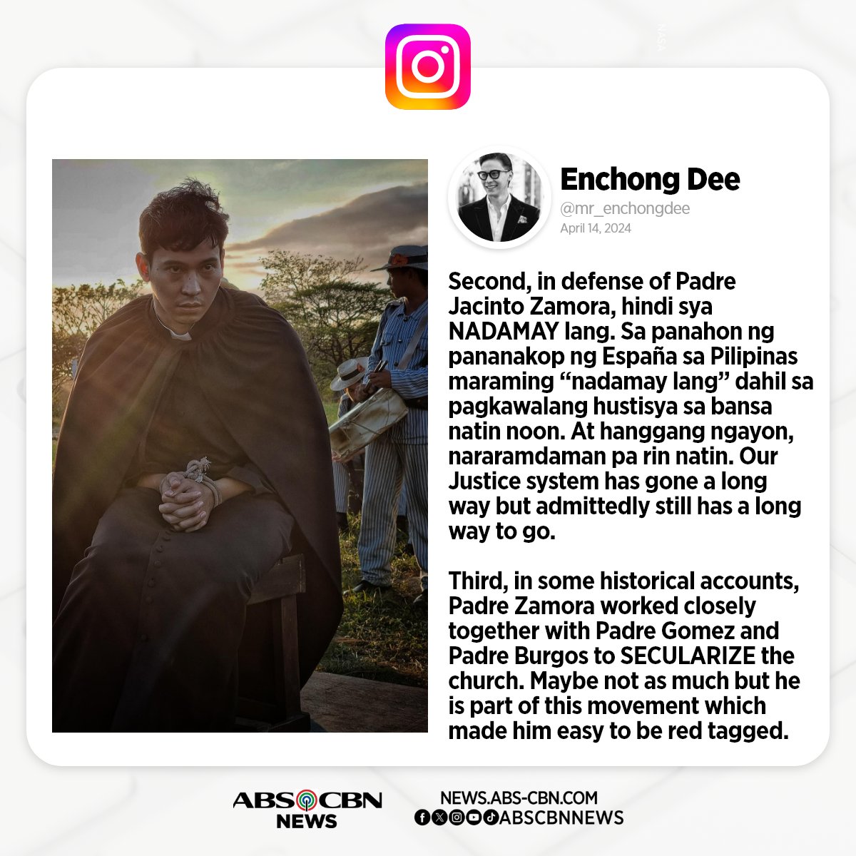 ABSCBNNews's tweet photo. Enchong Dee sheds light on the legacy of Jacinto Zamora, the role he played in the historical film "Gomburza.”

Related story: https://t.co/akNIeWOd57 https://t.co/9Y6wy1qO4V