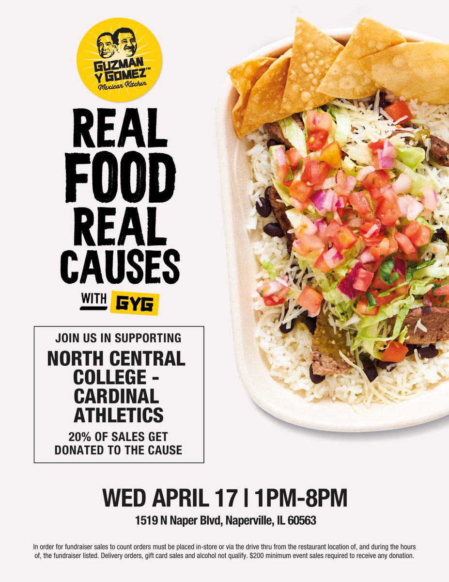 Join @guzmanygomezus in supporting Cardinal Athletics this Wednesday (4/17) from 1-8pm at their North Naper Blvd. location. 20% of all sales (dine-in & drive-thru) will benefit the NCC athletic department - inform the cashier before placing your order! #WeAreNC