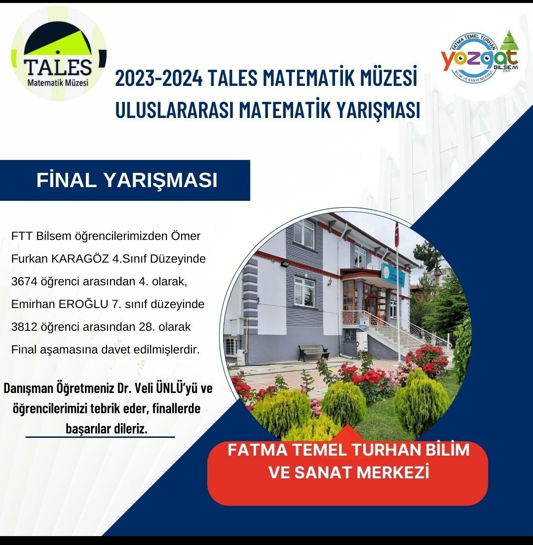 Ftt Bilsem den Tales başarısı.Finallere kalan öğrencilerimizi ve danışman öğretmenimiz Dr.Veli Ünlü'yü tebrik ediyoruz. @BilsemMeb <a href="/yozgatilmem/">Yozgat Milli Eğitim Müdürlüğü</a> <a href="/koyuncu_/">abdulkadir koyuncu</a> <a href="/mceylan_66/">Murat Ceylan</a> @selcuk
