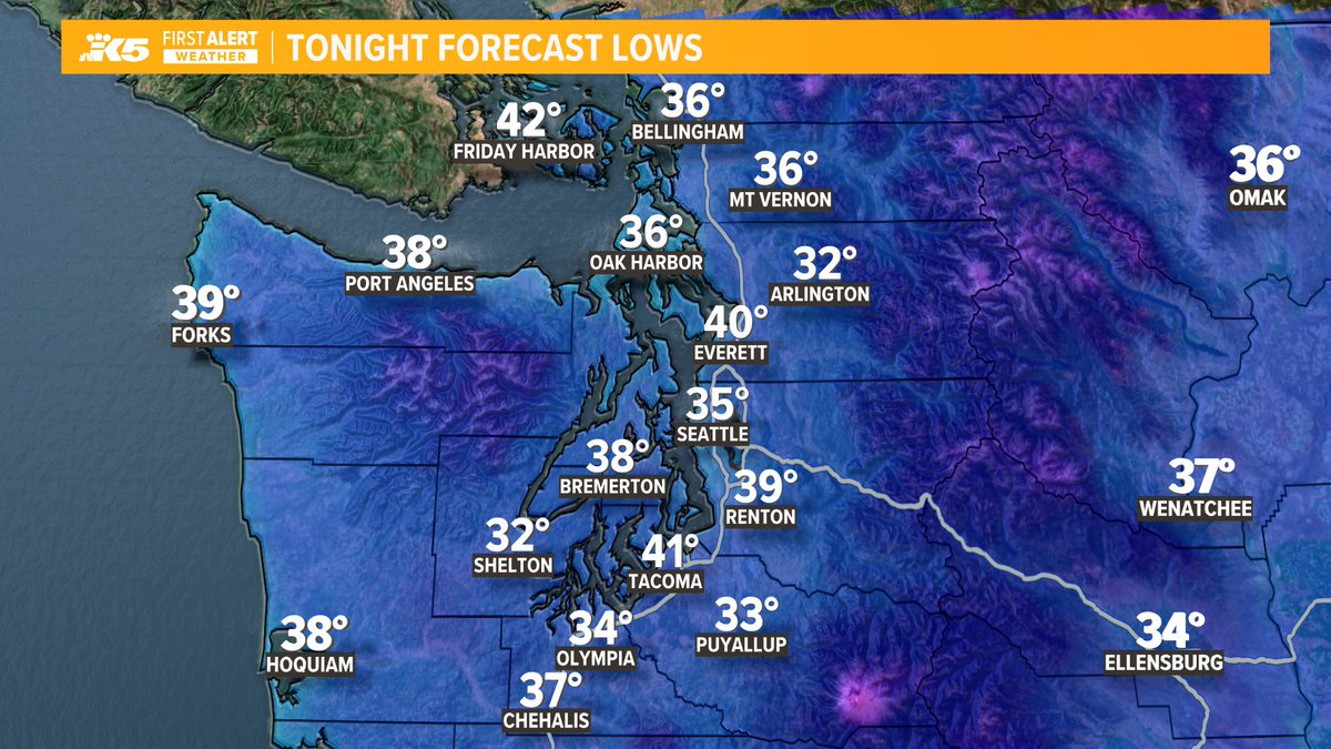Sunrise earlier & earlier. Clouds & showers will mainly be from Everett southward today, but decreasing.  Still a 'coolish' TUE afternoon, then a cold overnight w/areas of frost for some locations early WED w/temps near freezing. Protect those plants! #k5spring #k5weather #wawx