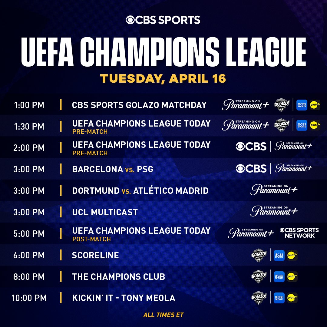 CBS Sports' special 90-minute UEFA Champions League Today pre-match studio show begins at 1:30 PM ET, on CBS Sports Golazo Network & @paramountplus. Coverage continues on CBS and Paramount+ at 2 PM @FCBarcelona vs. @PSG_English (CBS & Paramount+) and @BlackYellow vs.