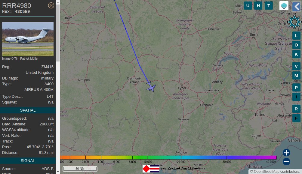 RoyalAirForce Airbus Military A400M Atlas C.1 ✈️ flying in range of ChalonSurSaone receiver at 28975ft at 476.9mph heading S with tail ZM415 ICAO code 43C5E9 UnitedKingdom 📡 foxtrotcharlie.ovh/todaymil