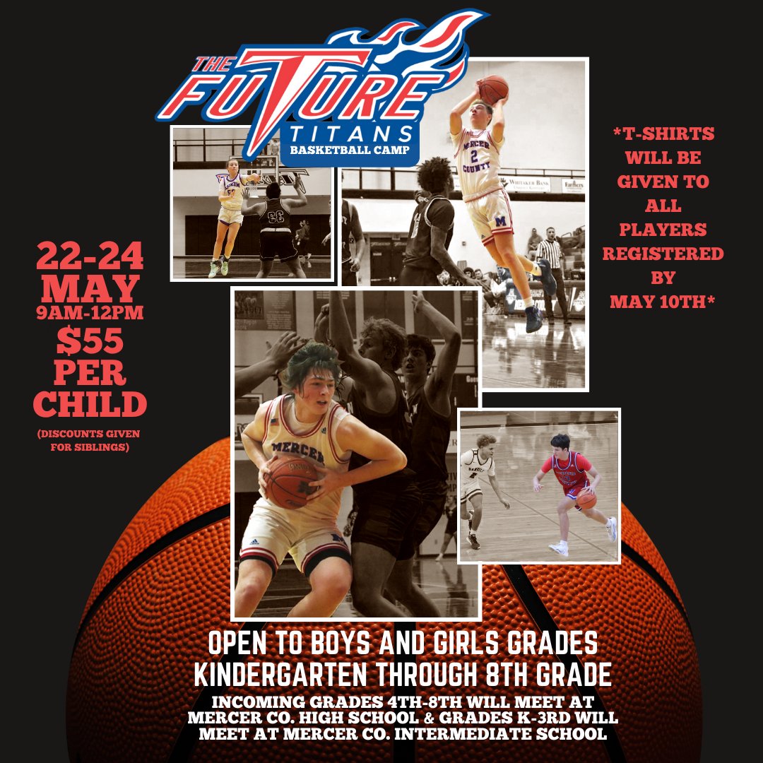 The Future Titans Basketball Camp is open to boys and girls from kindergarten through 8th grade. It will be held May 22-24, and camp hours are 9 a.m. to 12 p.m. 
eventbrite.com/e/future-titan…