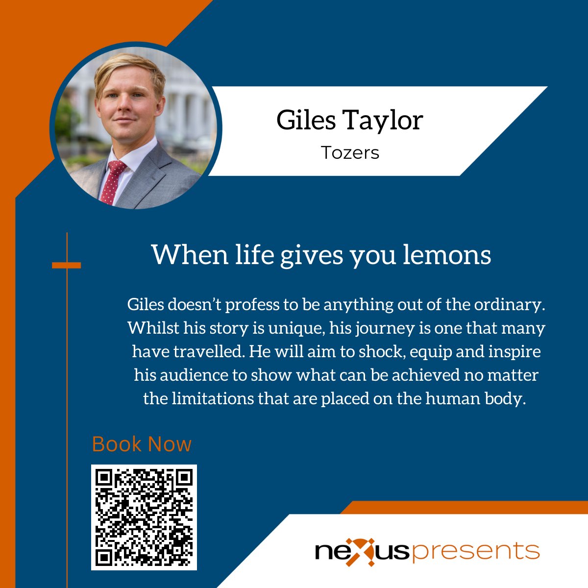 You won't want to miss this talk! 🎤 Giles Taylor shares his unique and raw story. Find out what lemon 🍋 life gave Giles and how he overcame the limitations placed on his body. Come and listen to this and much more at #NexusPresents Bouncing Back from Failure! #ExeterEvents