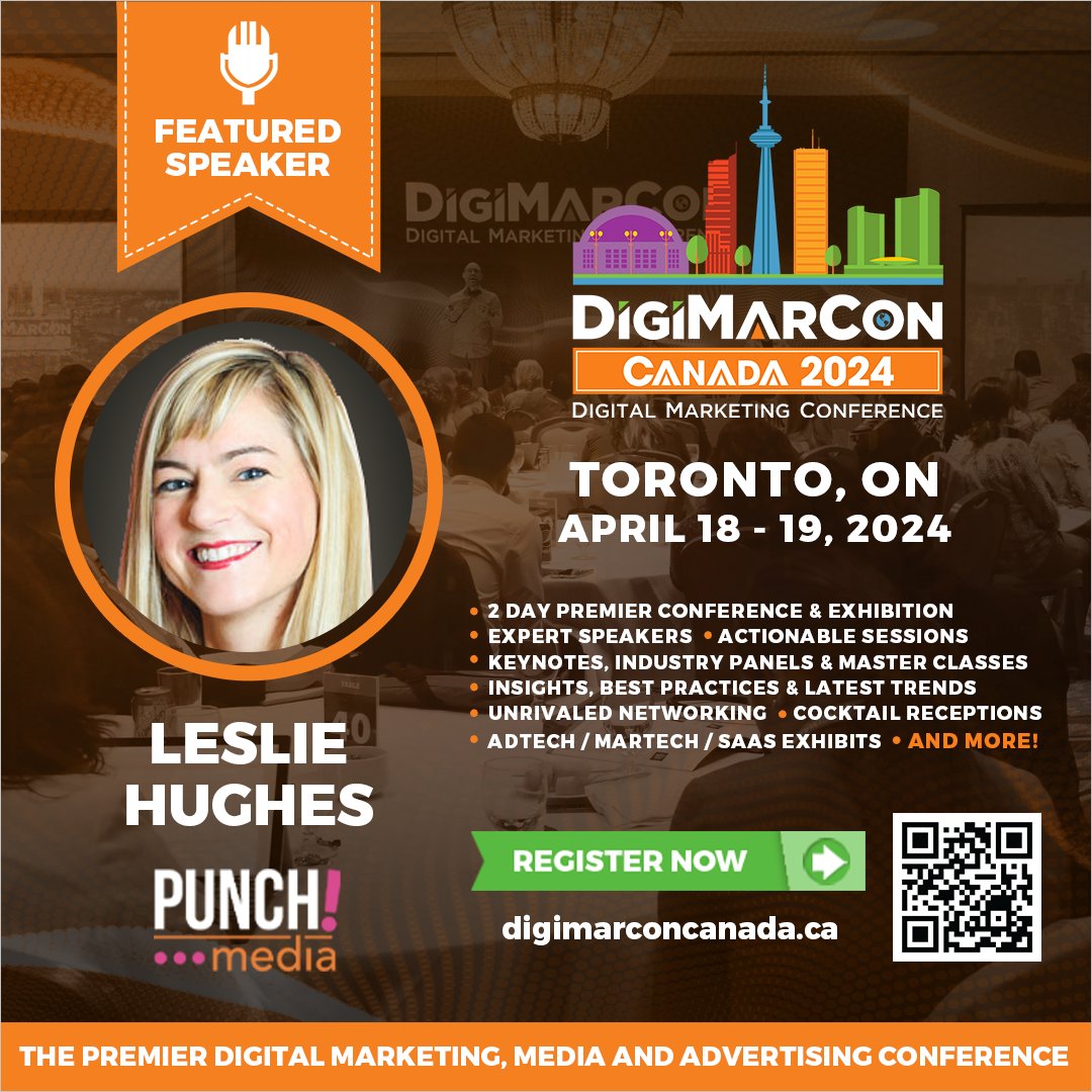Thrilled to announce that Leslie Hughes will be #speaking at #DigiMarConCanada 2024, taking place at CF Toronto Eaton Centre Hotel in Toronto, Ontario, from April 18th to 19th, 2024. Don't miss this chance to gain valuable knowledge! digimarconcanada.ca #DigiMarCon