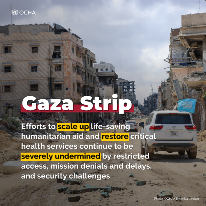 Gaza: Efforts to expand vital aid & restore critical health services continue to be severely undermined by restricted access & security issues. Humanitarian supplies & staff must be able to move freely & safely to prevent further suffering. reliefweb.int/report/occupie… via @UNOCHA