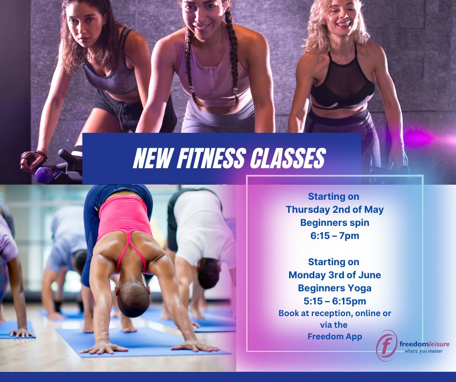 Exciting news! New Exercise Classes starting soon!
Beginners Spin Class Starting on Thursday  2nd May
and Beginners Yoga Class
Starting on Monday 3rd Jun

For more information visit: bit.ly/3UBJnxD or call 01903 725 451