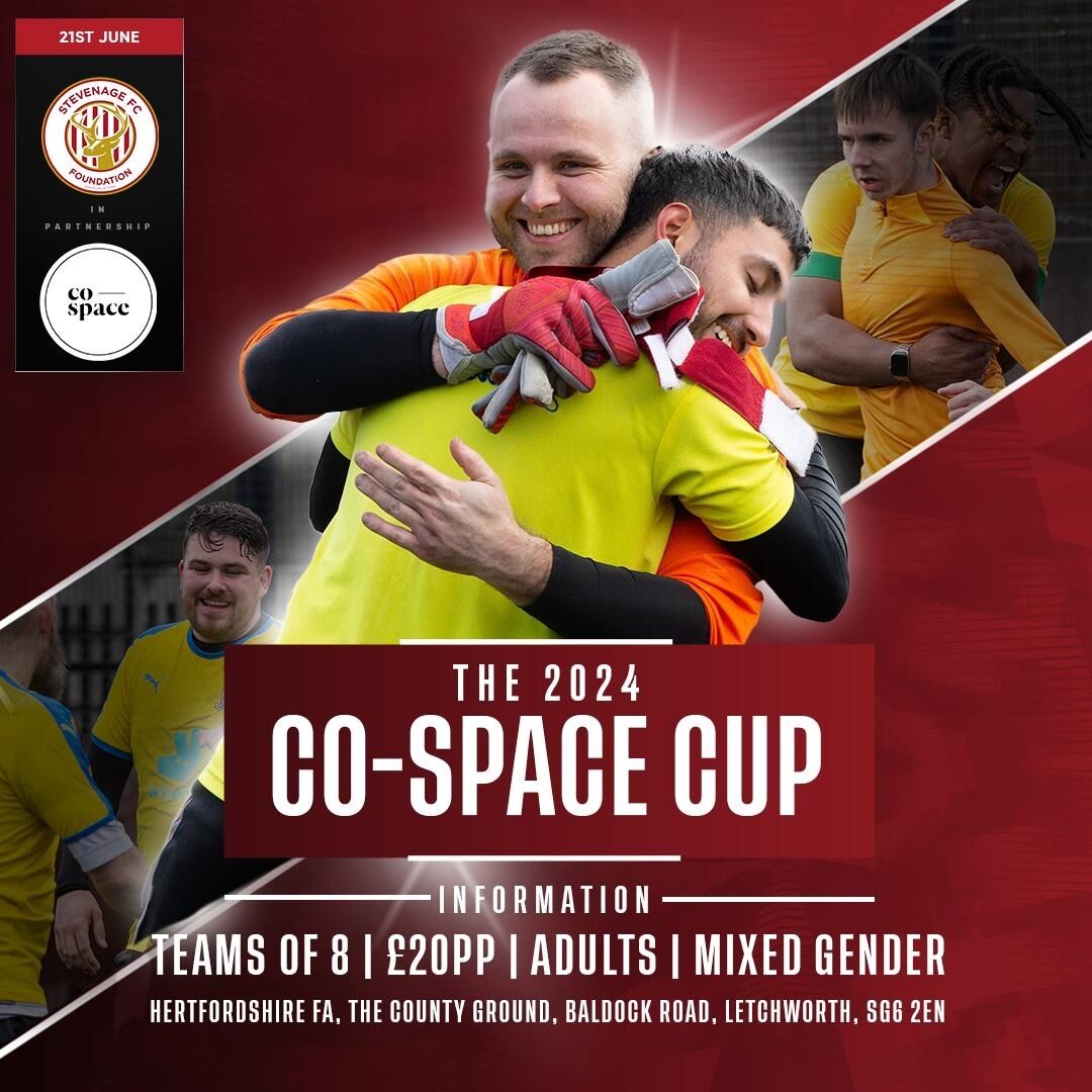 We are so excited to announce Co Space Cup 2024 in partnership with @WeAreCoSpaceUK⚽️ This is the perfect chance to get your staff together, get active, socialise, & raise money for a good cause!🤩 📧For more info or to register, please email melissa.edwards@stevenagefcf.com!