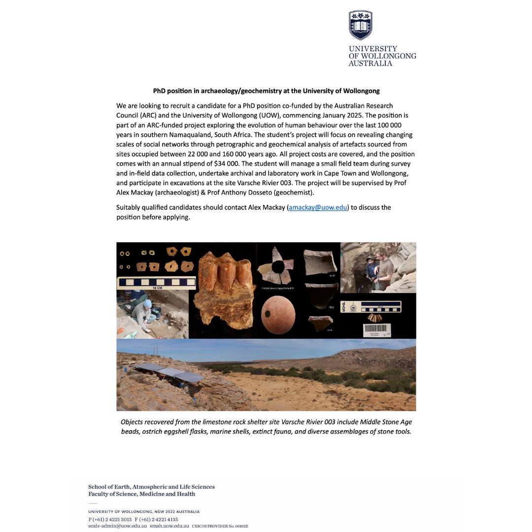 There is a funded PhD opportunity for students interested in archaeology/geochemistry at the University of Wollongong, starting January 2025. Suitably qualified candidates should contact Alex Mackay (amackay@uow.edu) to discuss the position before applying.