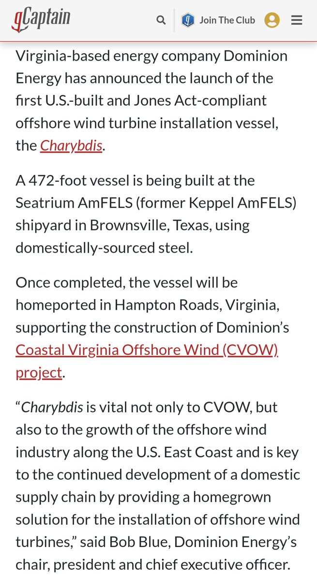 The first US-built vessel to install offshore wind turbines set sail from Texas, bound for Virginia where it will help build the largest offshore wind farm in the US (and help meet those pesky Jones Act requirements). gcaptain.com/first-us-built…