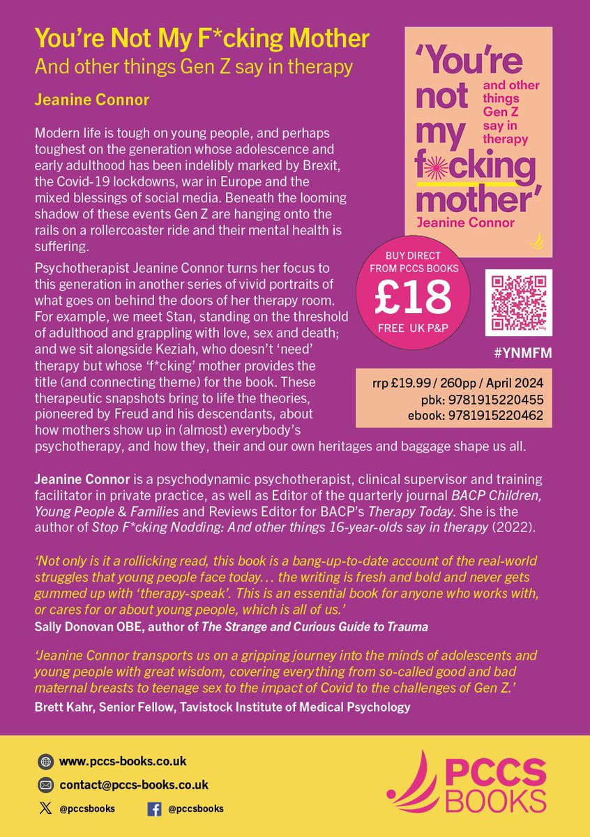 Join us for the launch of @jeanine_connor’s new book…

‘You’re not my f*cking mother’ and other things Gen Z say in therapy

14/05 at 7pm

Details of how to register for free - bit.ly/YNMFMLaunch

#GenZ #therapy #YNMFM #TherapistsConnect