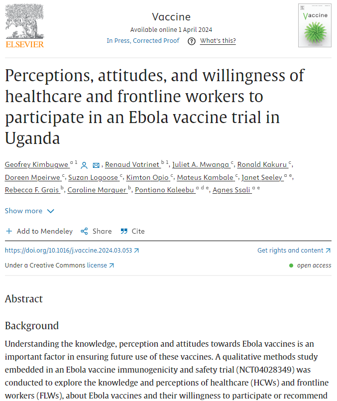 Perceptions & attitudes of healthcare workers in #Uganda🇺🇬 to take part in #Ebola #vaccine trials. Health workers are shown to have good knowledge of Ebola & vaccines with the majority willing to encourage others in their community to participate ➡️bit.ly/3vVPfba