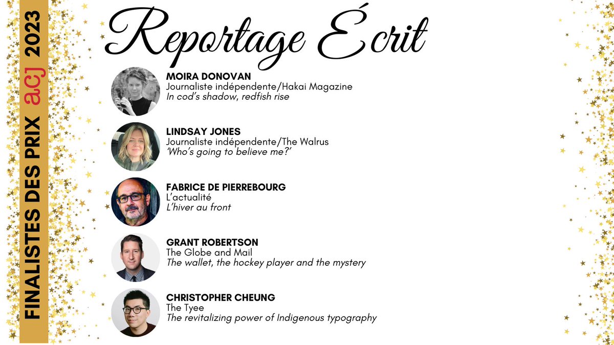 caj's tweet photo. Finalists: Written feature
Finalistes: Reportage écrit
🏆@fabricedp L'actualité
🏆Grant Robertson @globeandmail
🏆@MoiraDonovan Hakai Magazine
🏆@bychrischeung The Tyee
🏆@LindsayLeeJones The Walrus
#cajawards #prixACJ https://t.co/C0lGIKDSa3
