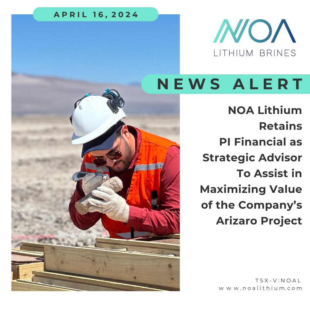 𝐂𝐋𝐈𝐄𝐍𝐓 𝐍𝐄𝐖𝐒 𝐀𝐋𝐄𝐑𝐓 📢 @NOAlithium announces the retention of @PIFinancialCorp as its corporate financial advisor to assist in evaluating various options for its Arizaro Project (78,000 hectares).

Read more: tinyurl.com/4e2awkbp

#lithium #ad #sponsoredcontent