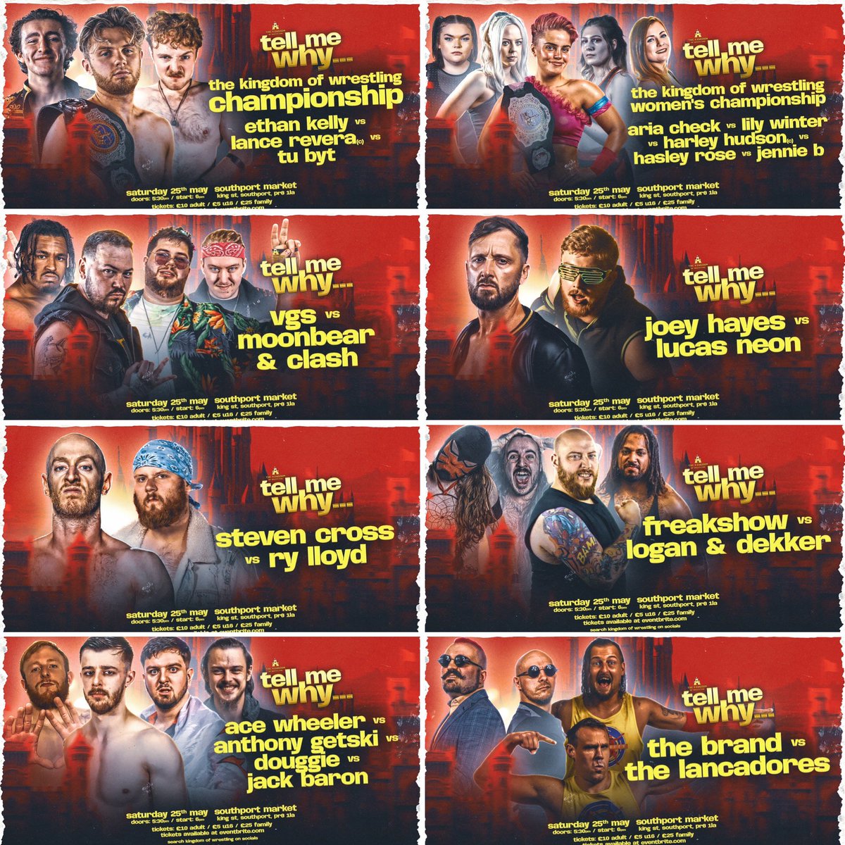 So there it is: the full card for Tell me Why…on May 25th at @spt_mkt It’s a packed show with lots going on. Will we have new Royals come the end? Grab your tickets to find out: 🎟️ eventbrite.co.uk/e/tell-me-why-…