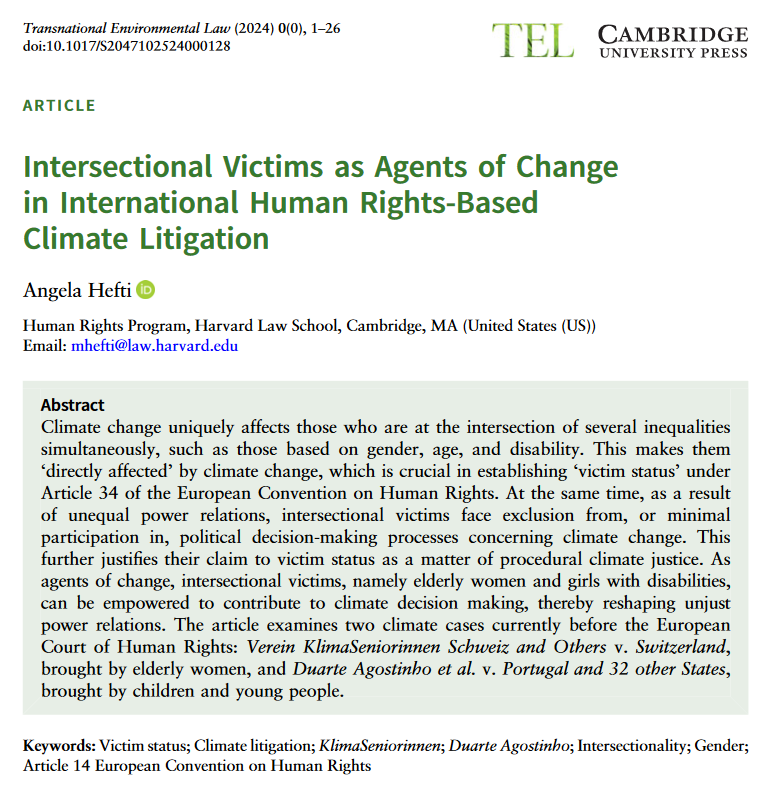 Thrilled to share my article on intersectionality and victim status, an ever more important aspect of climate cases after the ECtHR's ground-breaking #KlimaSeniorinnen ruling. Thank you on X: @HumanRightsHLS, @EBrodeala, @MatthiasPetel , @juvillena, @azaria_danae, @Prof_DFrench