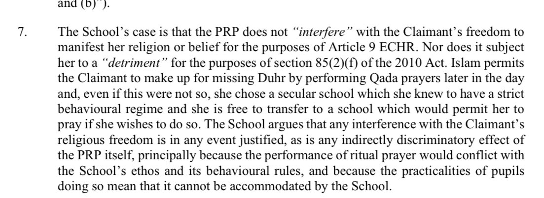 I’m sorry it’s actually quite mad to uphold the ban on the claim that the student can simply make up their prayers later and to use an Islamic exemption to justify it. Reminds me of when MP Alicia Kearns told me on a debate panel that her Muslim friend said we can pray any time