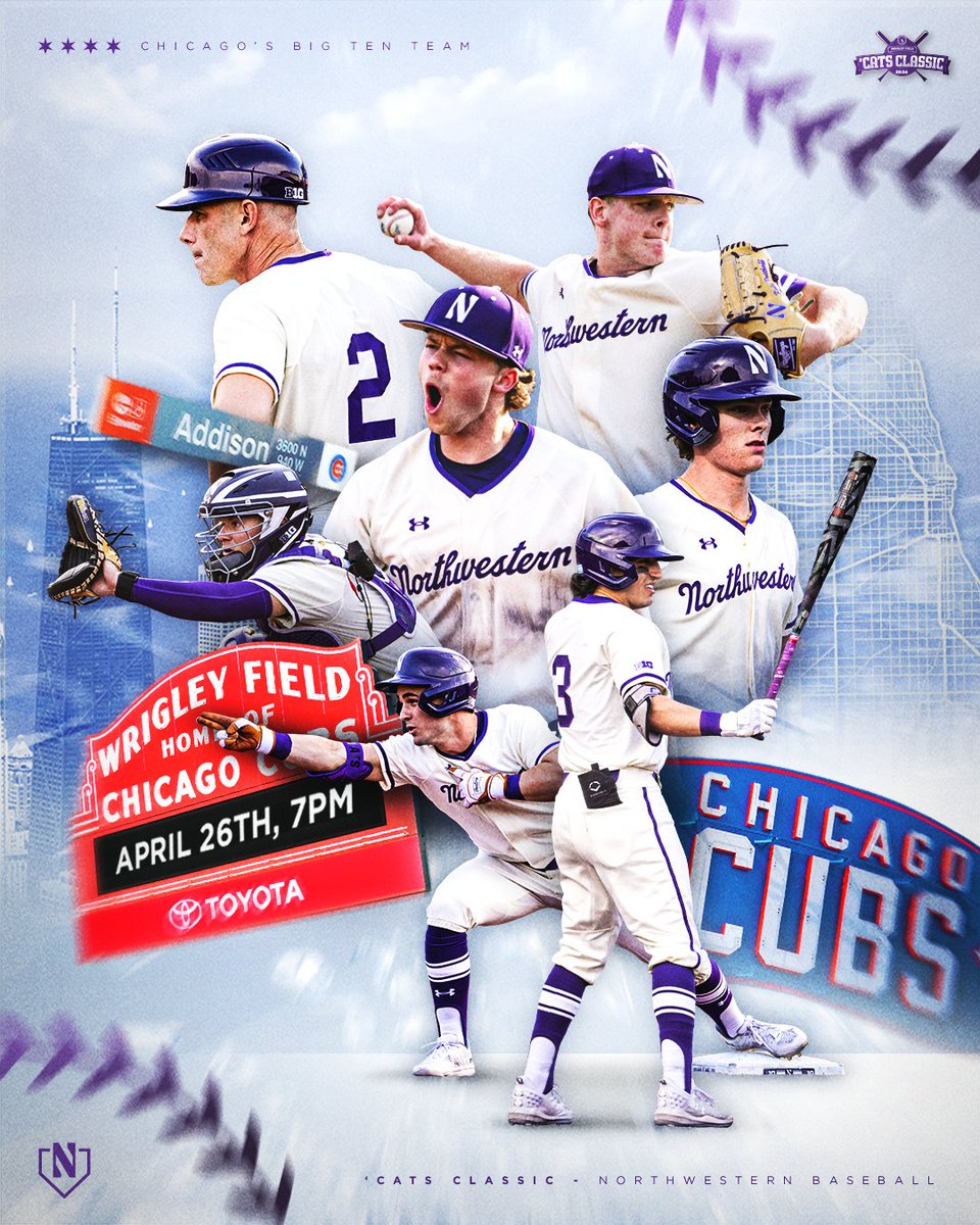 NUCatsBaseball's tweet image. 'Cats at the Friendly Confines 😼

Northwestern baseball will host Purdue at Wrigley Field at 7 p.m. CT on April 26.

🎟 cubs.com/nubaseball