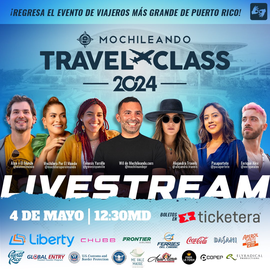 Podrás ver  Mochileando Travel Class desde cualquier parte del Mundo en vivo. Ya puedes comprar tu boletos para el Livestreaming. 😎✈️

🟡 Boletos aquí: ticketera.com/mochileandoliv…

El 4 de mayo de 2024 en el Centro de Convenciones de Puerto Rico.