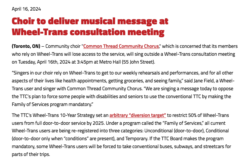 ttcriders's tweet photo. MEDIA RELEASE: "Common Thread Community Chorus," which is concerned that its members who rely on Wheel-Trans will lose access to the service, will sing outside a Wheel-Trans consultation meeting TODAY April 16 at 3:45pm at Metro Hall (55 John). @CTC_Chorus
https://t.co/lWitxCfwsW https://t.co/DANLq9zivz