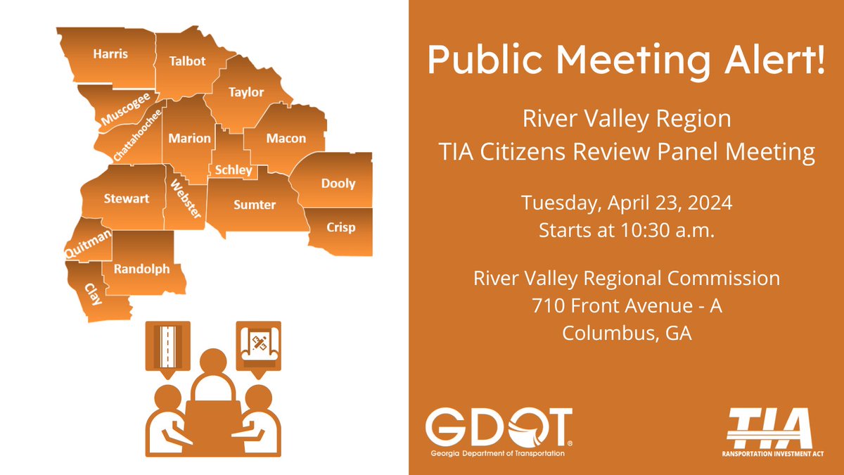 River Valley Region: mark your calendars! You're invited to hear updates on your TIA-funded transportation projects with your Citizens Review Panel. #yourpennyyourprogress @GDOTWest @colsgachamber