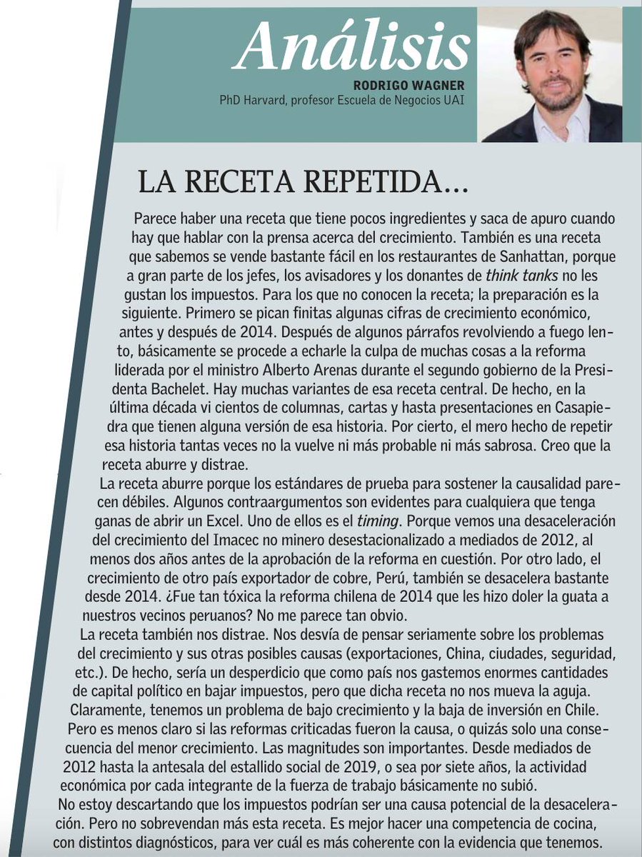 📰 Lee la columna de nuestro director @RodrigoWagnerB en @ElMercurio_cl: 'Claramente, tenemos un problema de bajo crecimiento y la baja de inversión en Chile. Pero es menos claro si las reformas criticadas fueron la causa, o quizás solo una consecuencia del menor crecimiento' 👇🏽