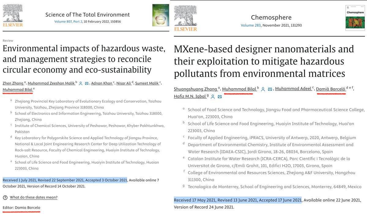 Why stop at editing papers for H.M.N. Iqbal (@TecdeMonterrey) & @yolanda_pico (@UV_EG)? D. Barcelo (@IDAEA_CSIC) also edits papers for co-author Muhammad Bilal from @PUT_Poznan. @STOTEN_journal has serious issues! Will @ELSenviron solve this or will the #papermill  continue?